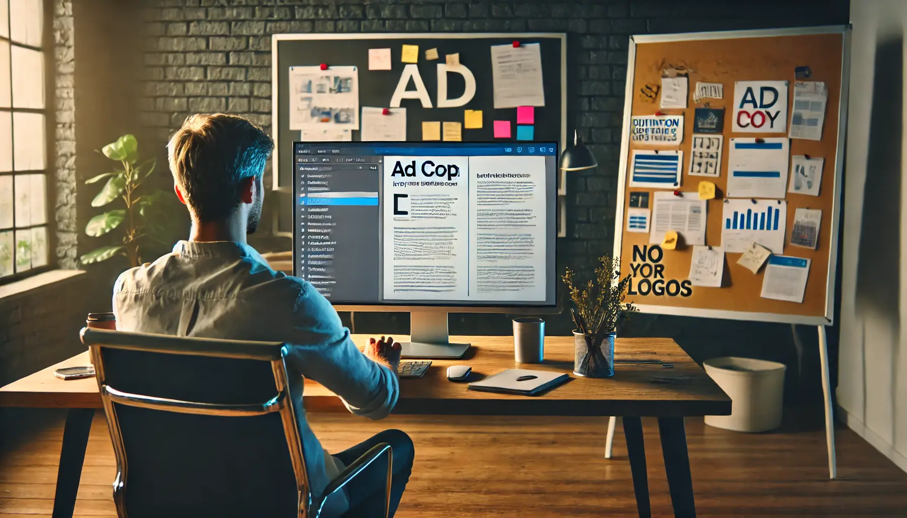 A professional marketer in a creative workspace, crafting ad copy on a computer screen with a brainstorming board in the background.