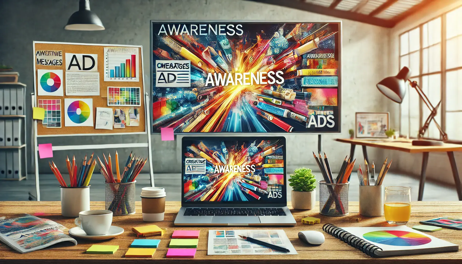 A modern workspace with a laptop showing ad design, brainstorming tools, and a soft-focus billboard showcasing creative advertising, representing the creation of compelling messages.