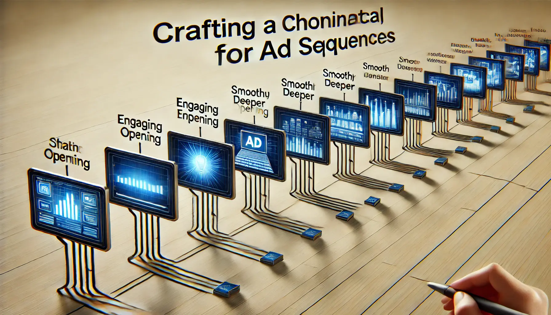 A visual representation of crafting a chronological narrative, with digital screens in a step-by-step progression of content.