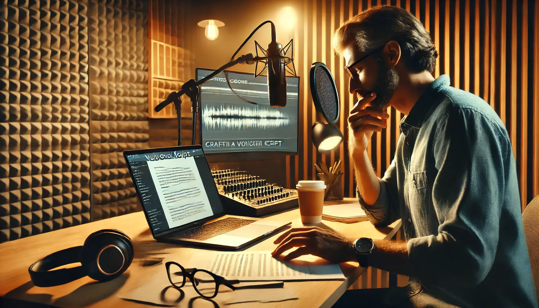 A professional scriptwriter reviewing a voiceover script on a laptop, surrounded by notes, coffee cups, and a recording device in a modern workspace.