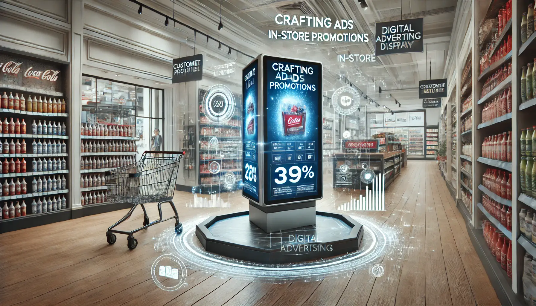 A retail environment with a digital display showing a dynamic in-store promotion ad, surrounded by product displays and shopping carts.