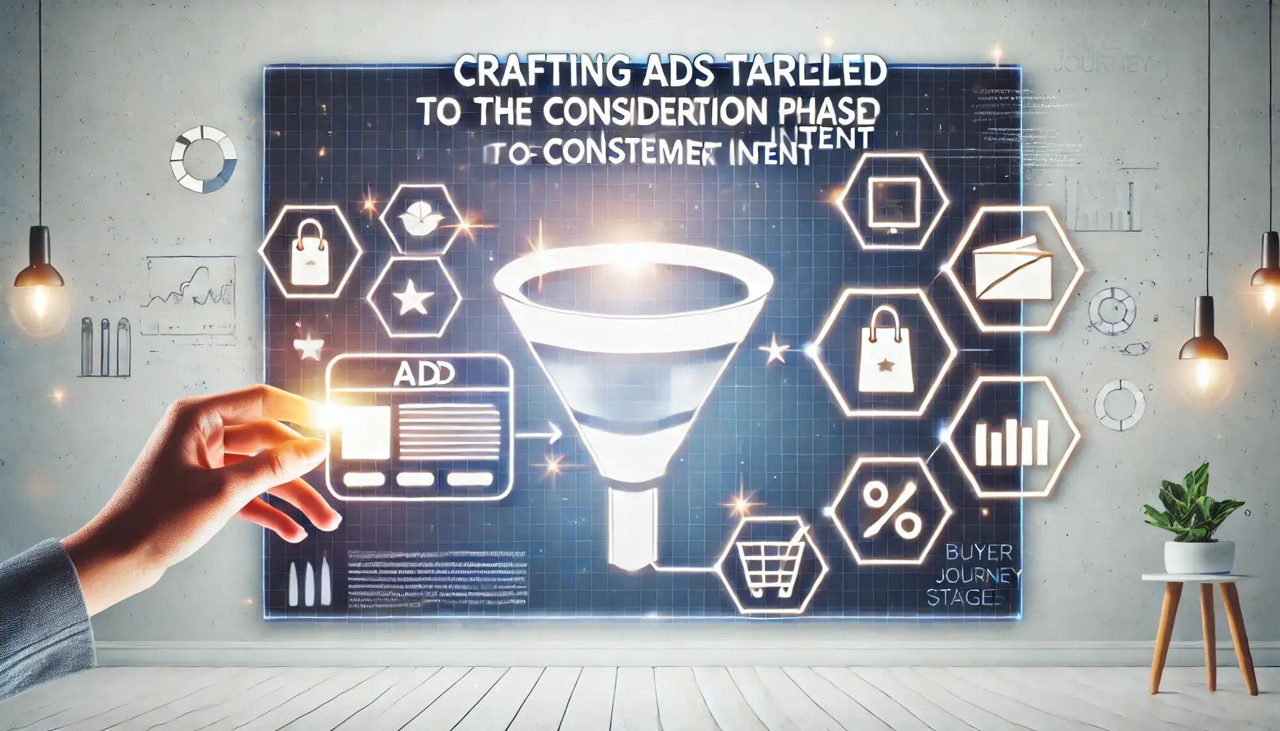 Abstract image representing the creation of ads for the consideration phase of consumer intent with elements like a screen displaying ads, a funnel graphic, and shopping cart icons.