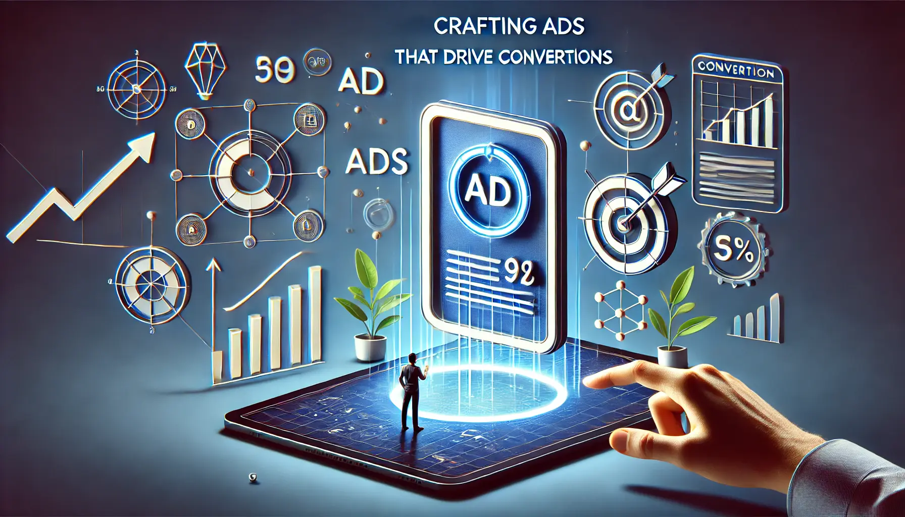 An illustration representing crafting ads that drive conversions, featuring a digital ad on a screen, a user clicking on the ad, and visual conversion metrics like a rising graph and target symbols.