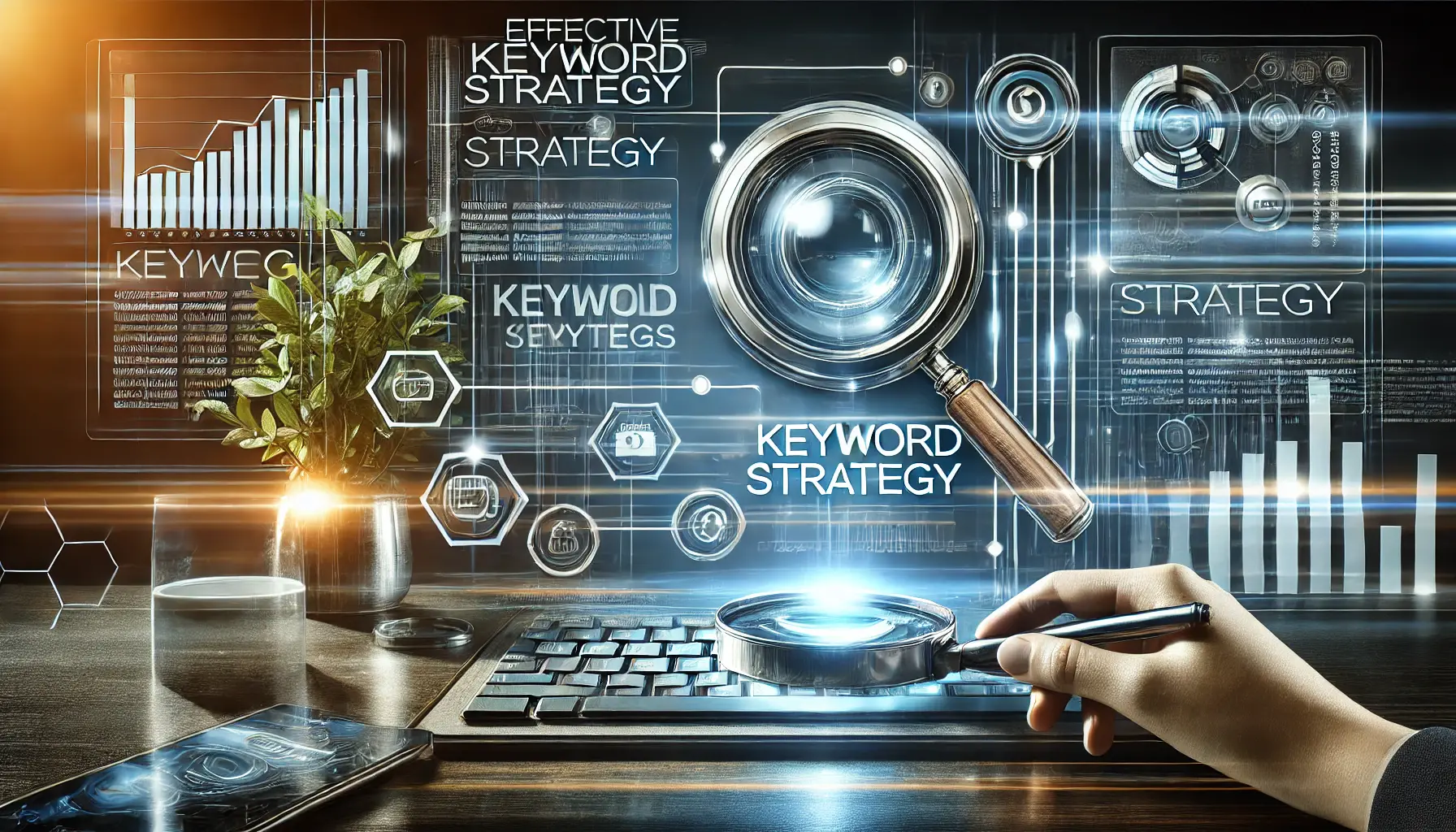 Illustration of crafting a keyword strategy, featuring a digital dashboard with analytics, a magnifying glass on keywords, and a strategic flowchart.