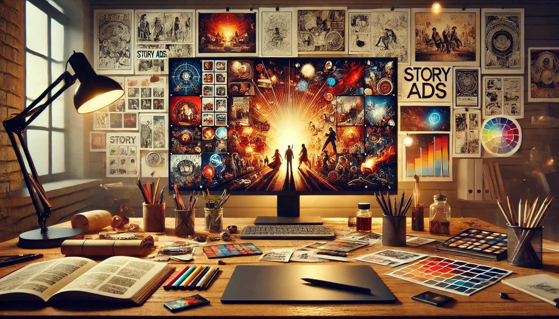 A creative workspace with a glowing digital screen displaying visual story elements like characters and emotions, with a mood board in the background.