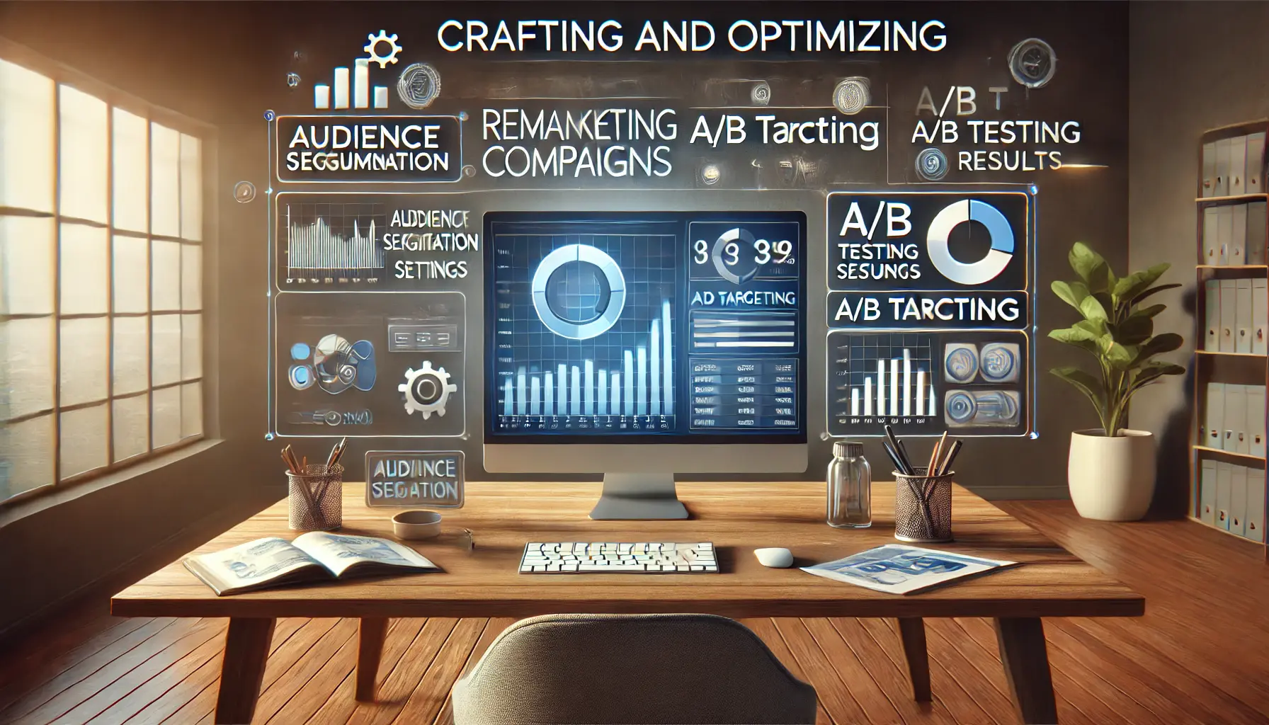 A digital marketing workspace with a computer displaying campaign optimization tools, including audience segmentation, ad targeting settings, and A/B testing results.