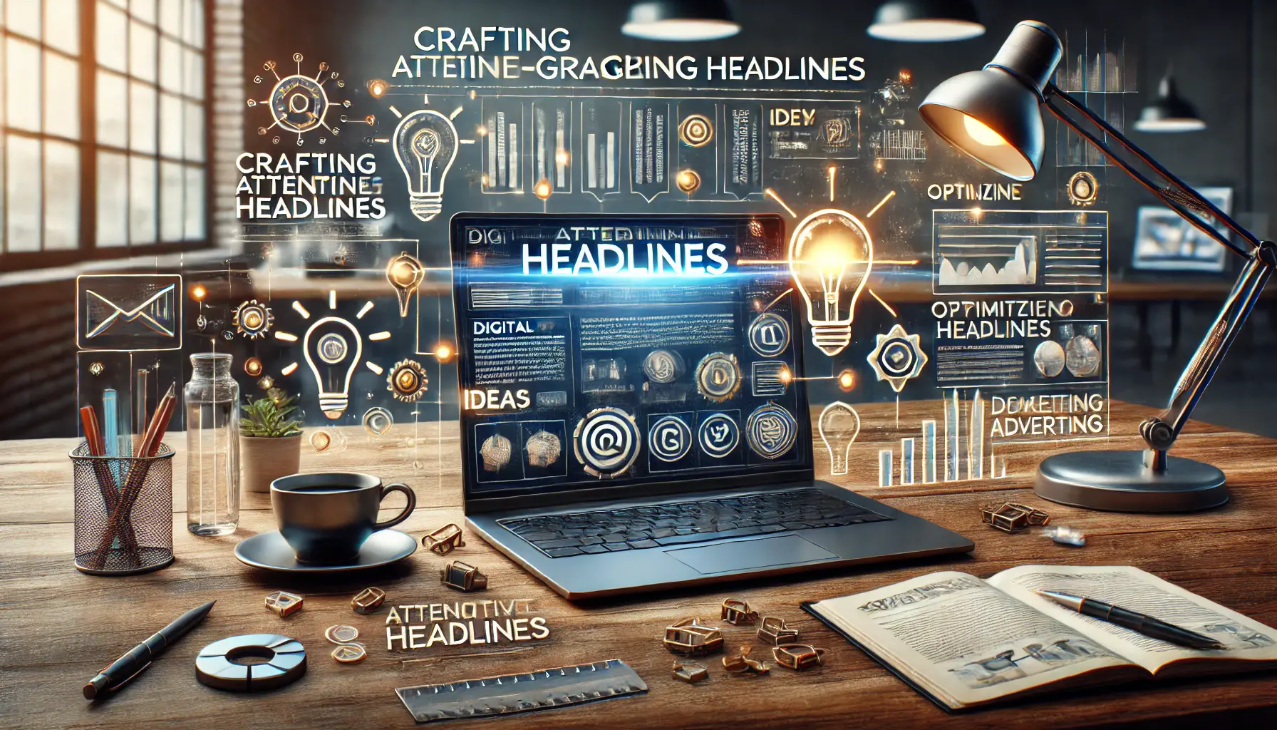 A realistic image of a laptop displaying a digital marketing platform where various headlines are being optimized, with brainstorming icons and light bulbs.