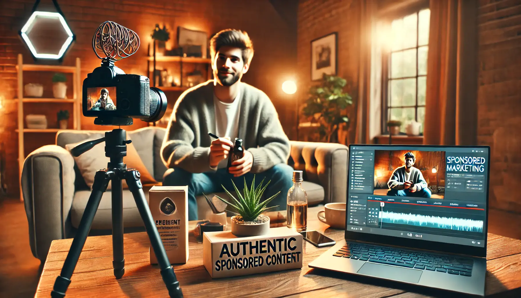 A content creator filming a product review in a cozy setting, with a camera set up and a laptop tracking engagement analytics.