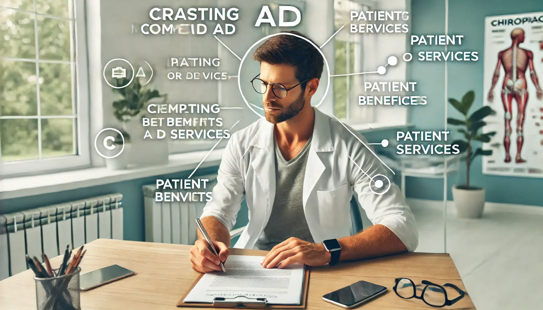 A chiropractor brainstorming and creating ad content on a digital device in a modern clinic.