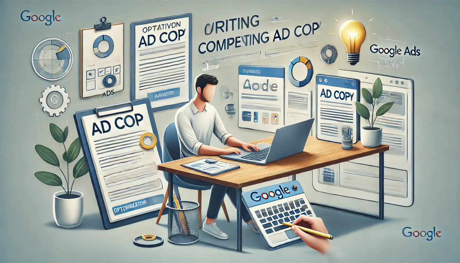 A digital marketer working at a creative workstation with elements like a laptop displaying ad drafts and brainstormed ideas, surrounded by optimization icons.