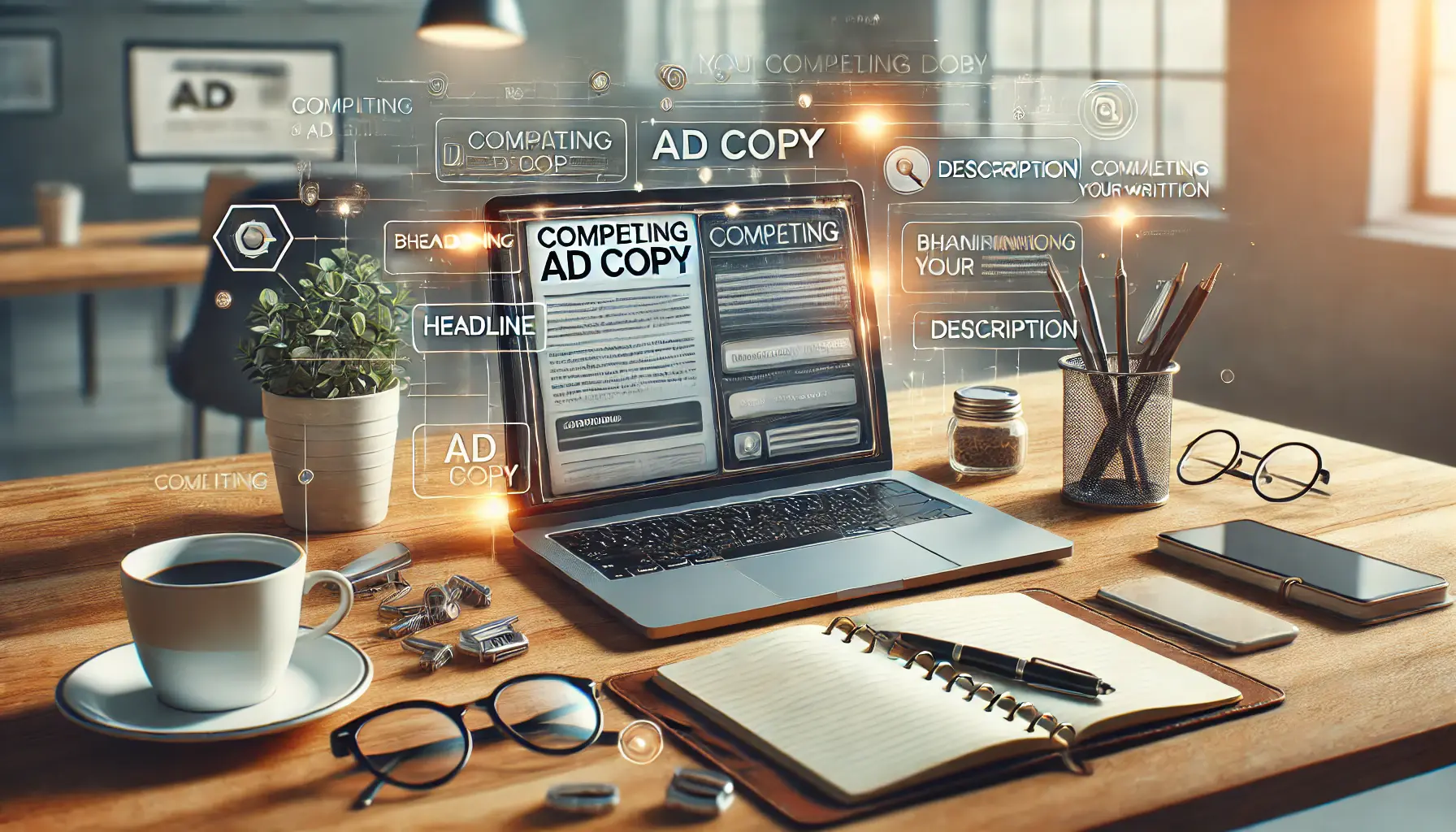 A professional workspace with a laptop displaying an ad creation tool, surrounded by a notepad, pen, and coffee cup, symbolizing the ad copywriting process.