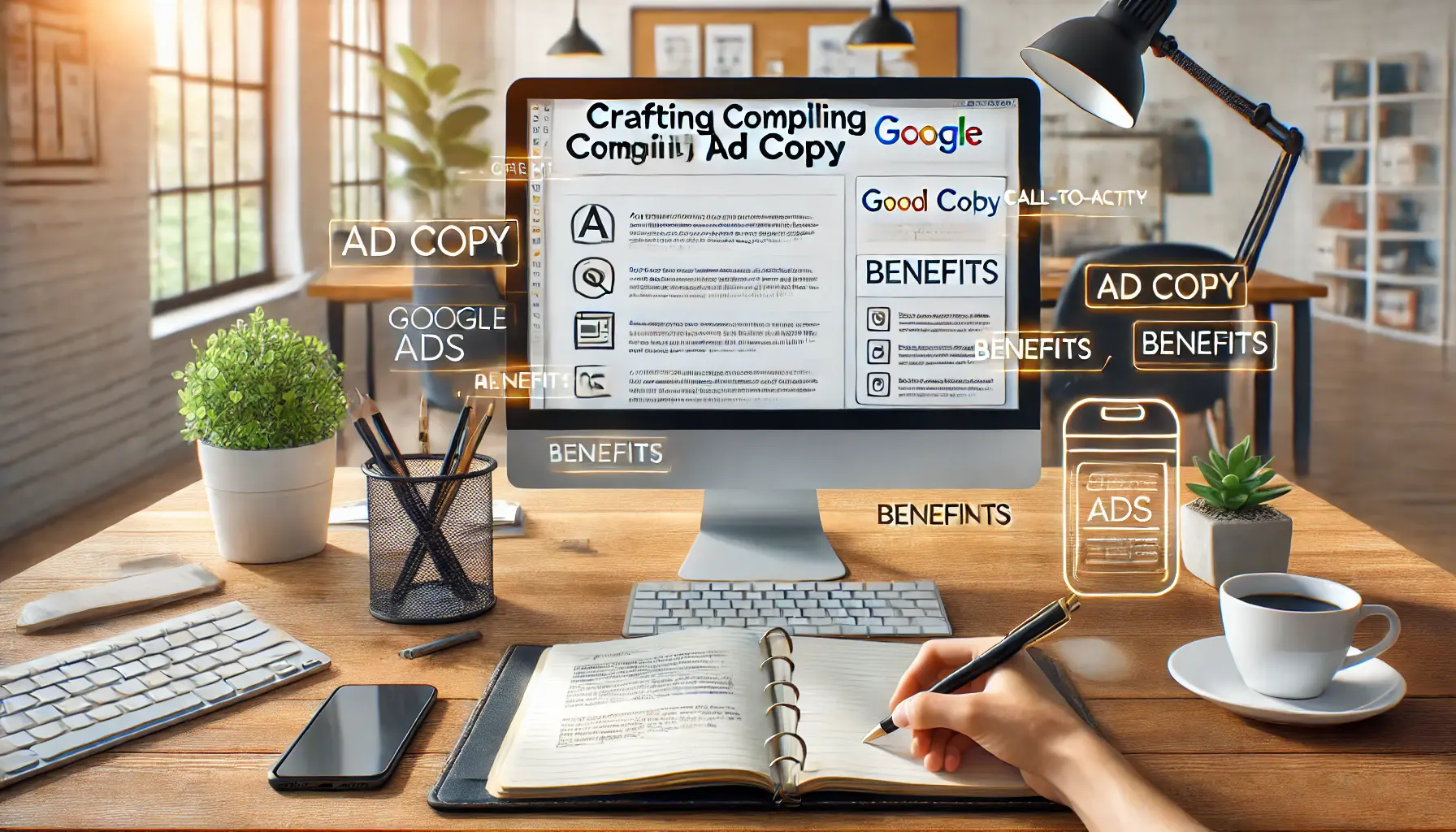 A professional workspace showing a computer with a document in progress for crafting ad copy. The desk includes a notebook with brainstorming notes, a pen, a coffee cup, and a smartphone, set in a bright office environment.