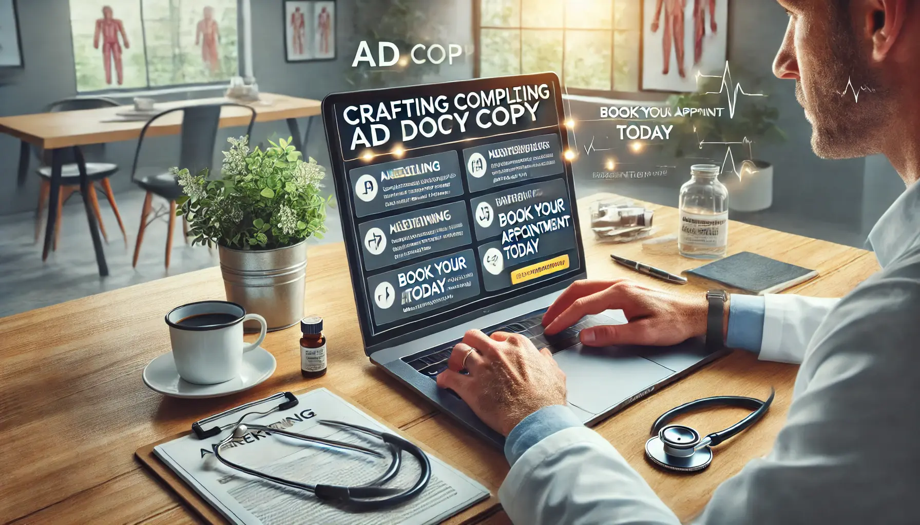 A marketing professional working on a laptop to create engaging healthcare ad copy, surrounded by medical elements and a professional office setting.