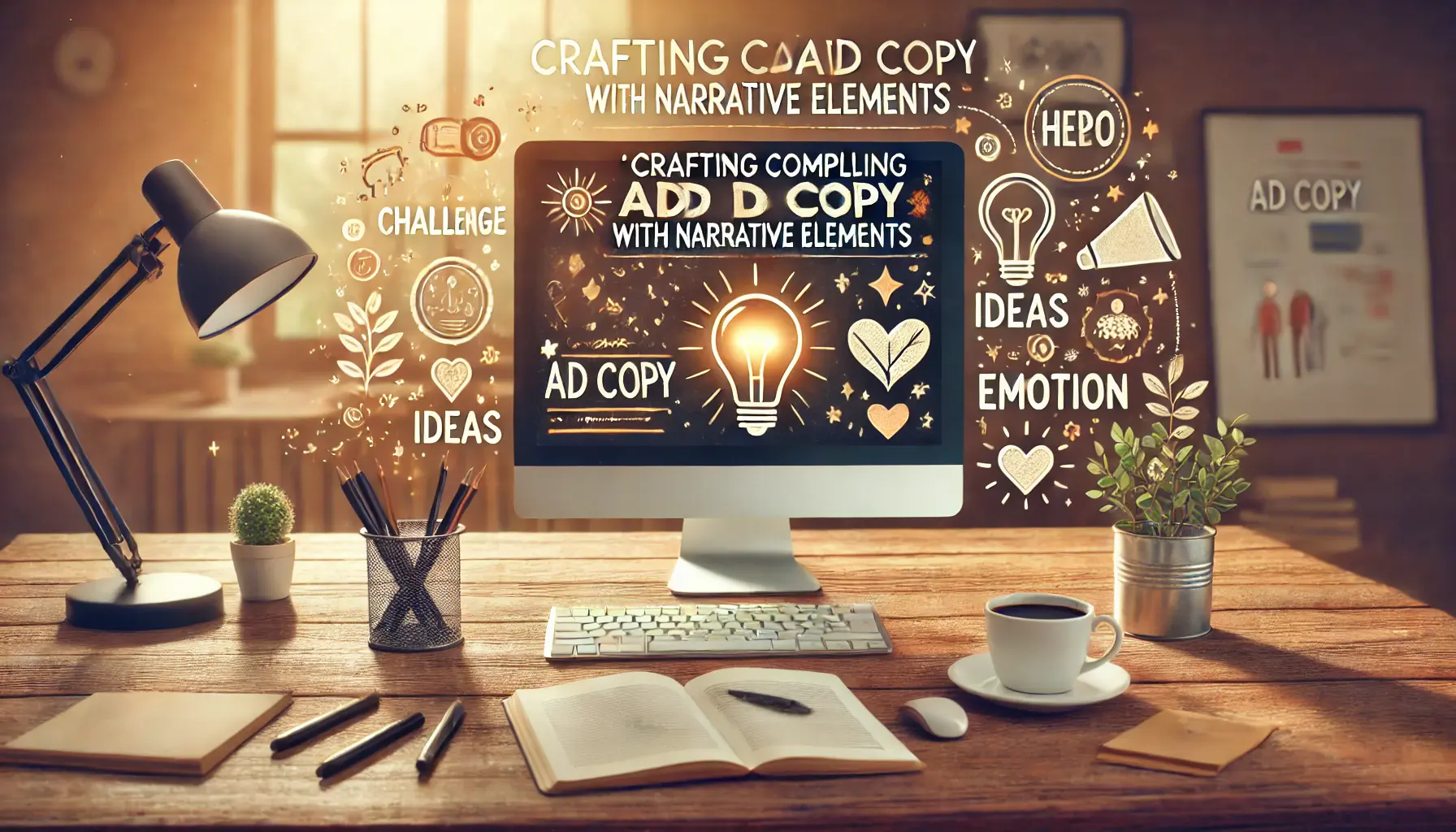 An image of a creative workspace with a desk, computer showing an ad copy document surrounded by symbols like a hero, lightbulb, and heart.