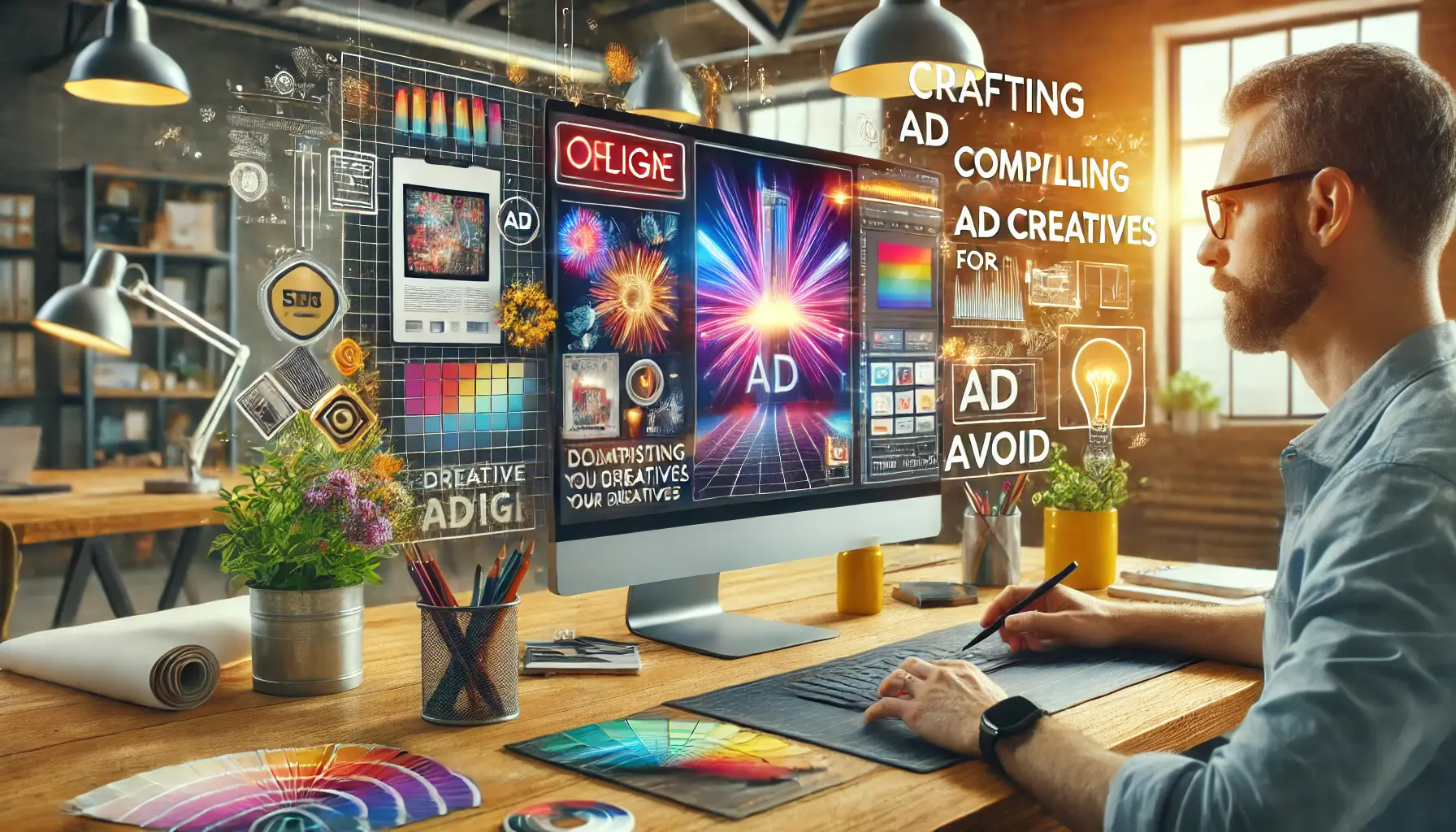 A designer working in a modern workspace, crafting a vibrant, high-quality digital ad creative on a screen, with mockups, color palettes, and images visible in the background.