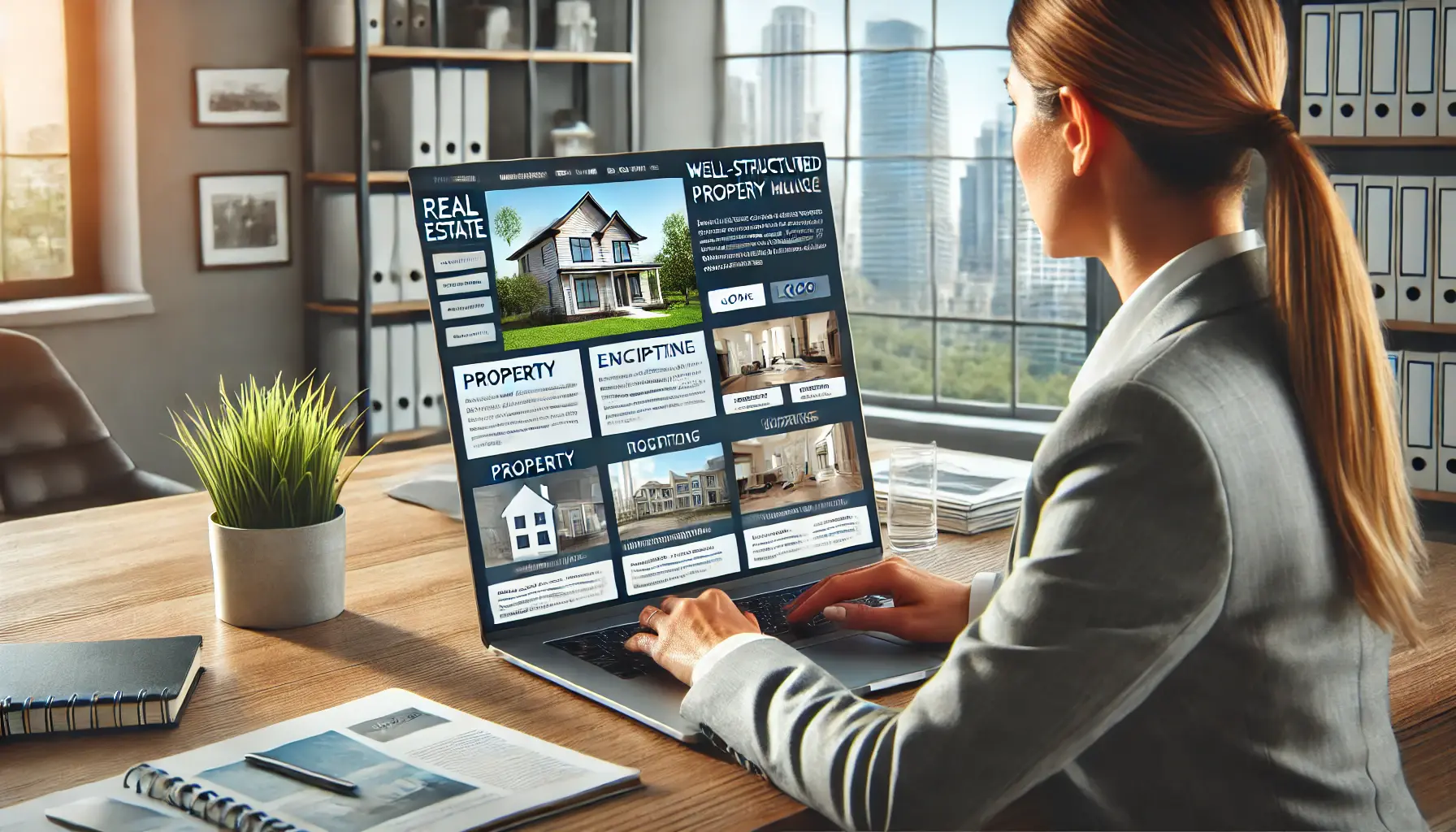 A real estate agent reviewing a visually appealing and well-structured webpage layout on a laptop, with property images and descriptions.