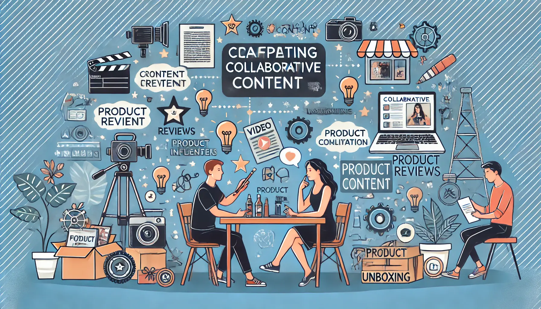 An illustration of a content creator and a marketer brainstorming ideas for collaborative content, surrounded by video equipment and elements like product reviews and unboxing.