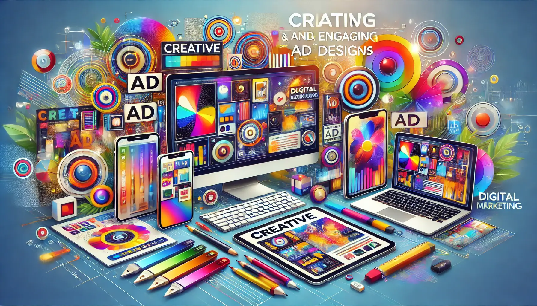 Illustration showcasing creative ad designs on digital devices with vibrant and bold visuals.