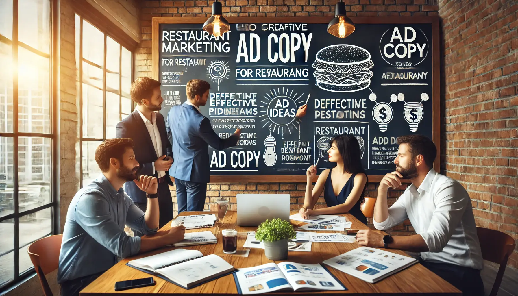 A restaurant marketing team brainstorming and discussing promotional ideas around a table in an office setting.