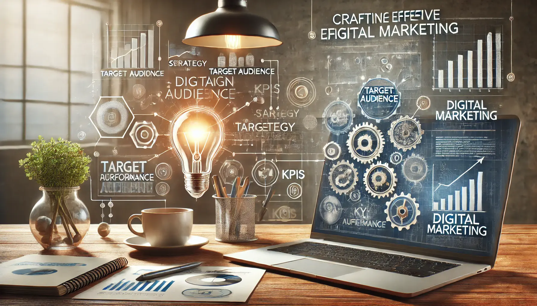 A marketer's workspace featuring a strategy board with campaign plans, target audience icons, and a laptop displaying campaign tools.