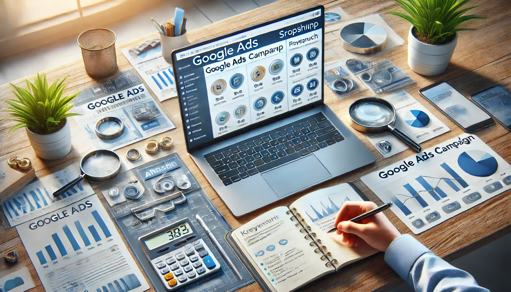 A workspace featuring a laptop with a Google Ads campaign setup, keyword tools, product images, and icons like a magnifying glass and dollar sign for campaign strategy.