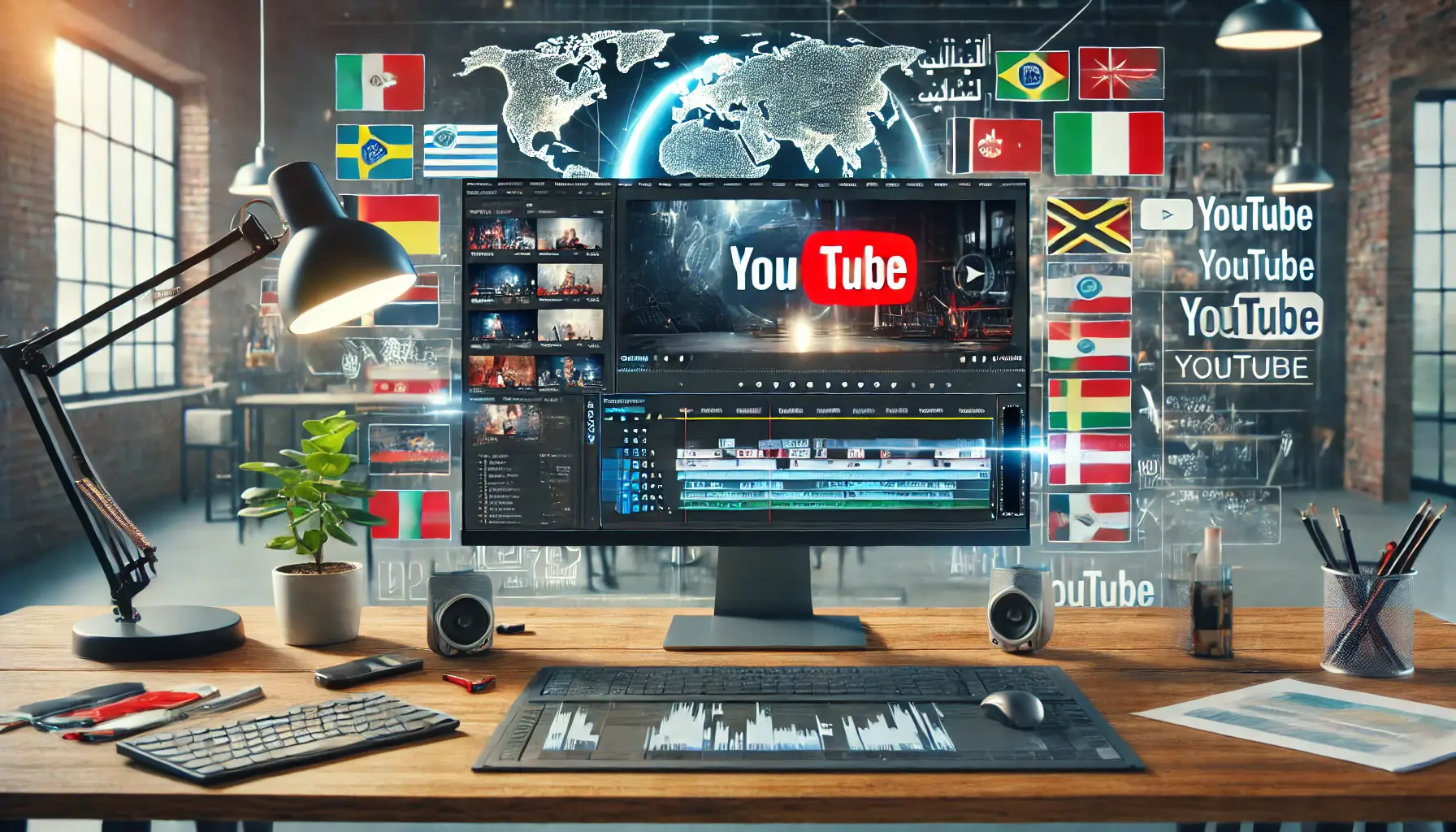 A video editing interface on a monitor displaying a YouTube ad with multilingual subtitles and regional visuals.