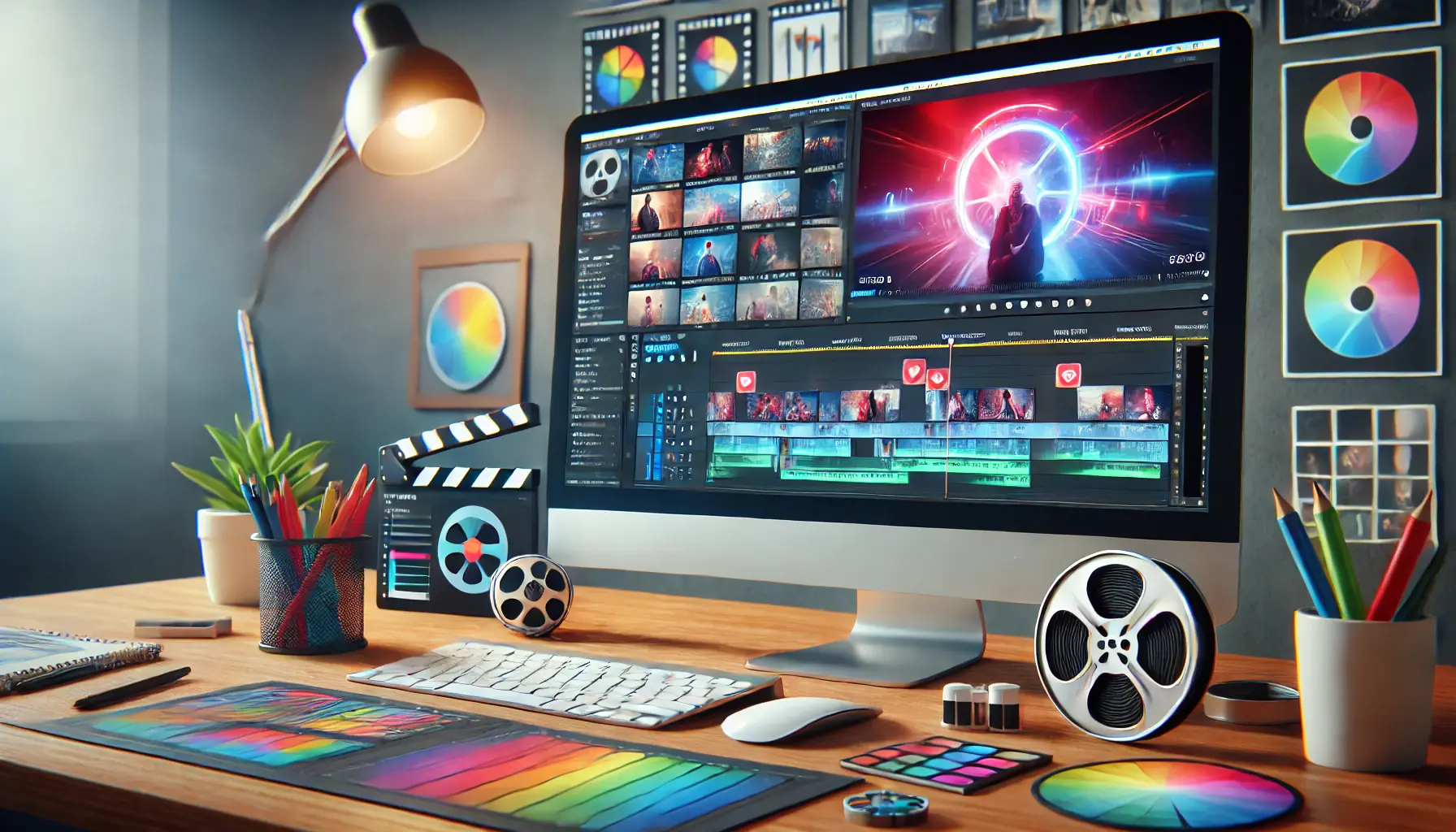 A computer screen displaying video editing software with a timeline, vibrant visuals, and creative elements like a film reel and color palette.