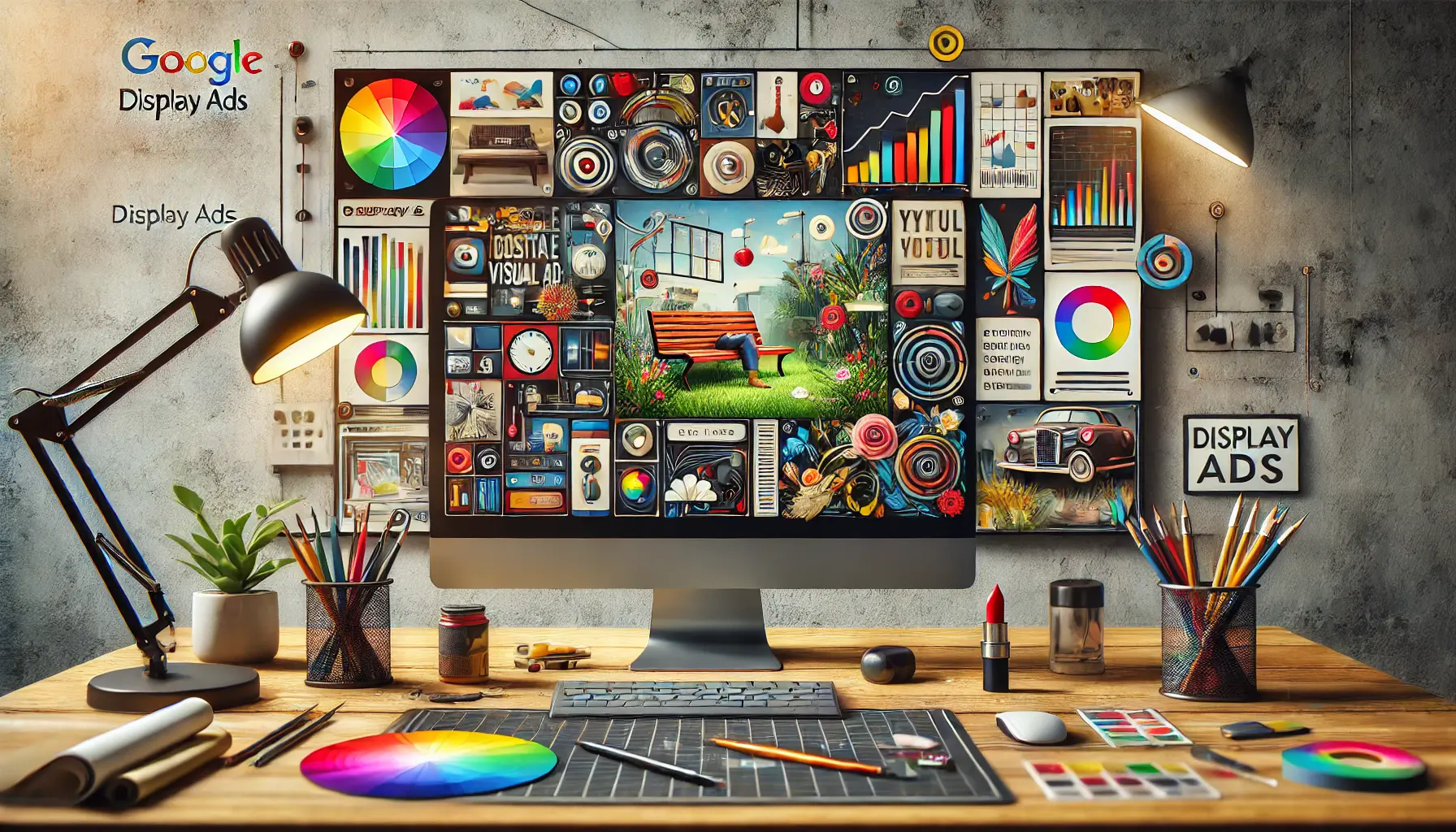 A digital artist's workspace showcasing the process of creating engaging visual narratives for Google Display Ads with design tools and color palettes.