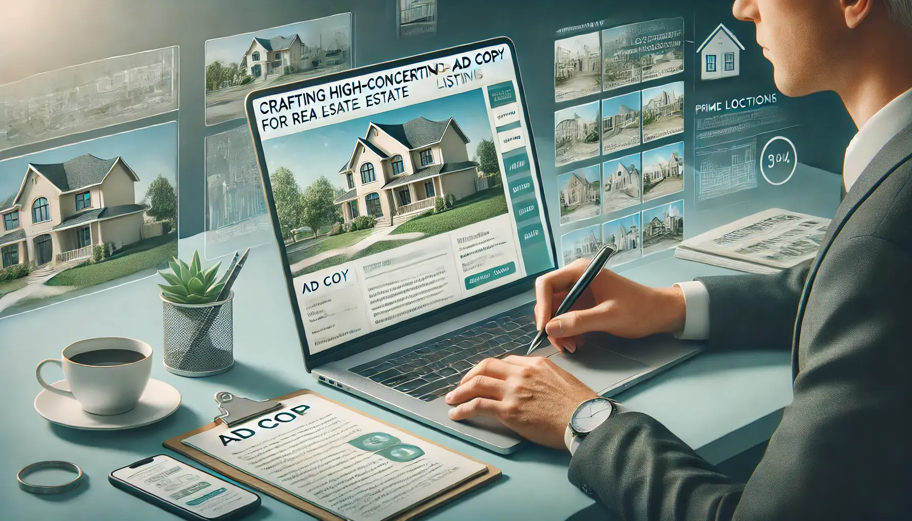 A real estate marketer crafting ad copy for a real estate listing on a laptop, with images of properties displayed on the screen.