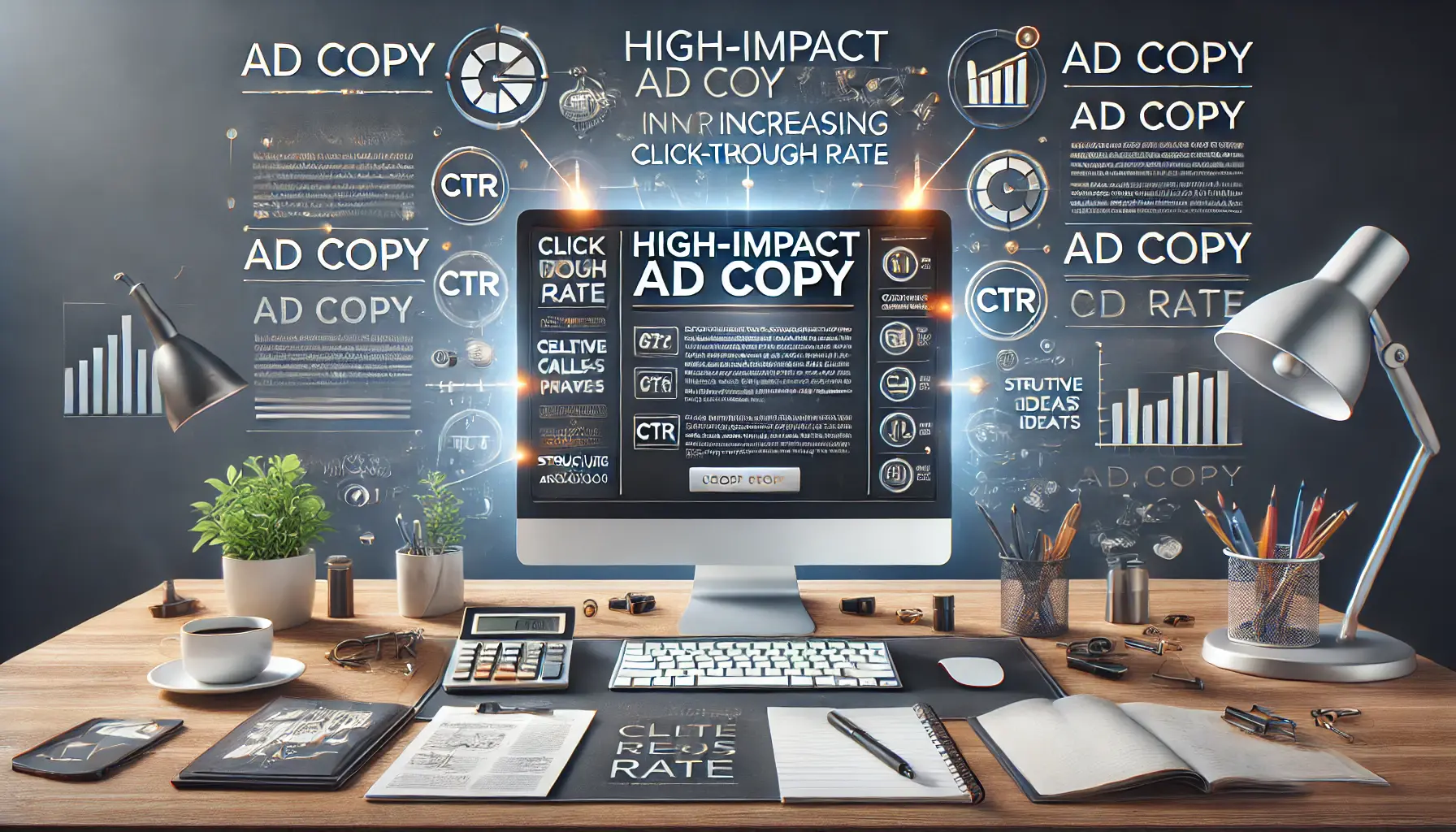 A digital workspace focused on crafting persuasive ad copy with drafts, creative ideas, and call-to-action elements