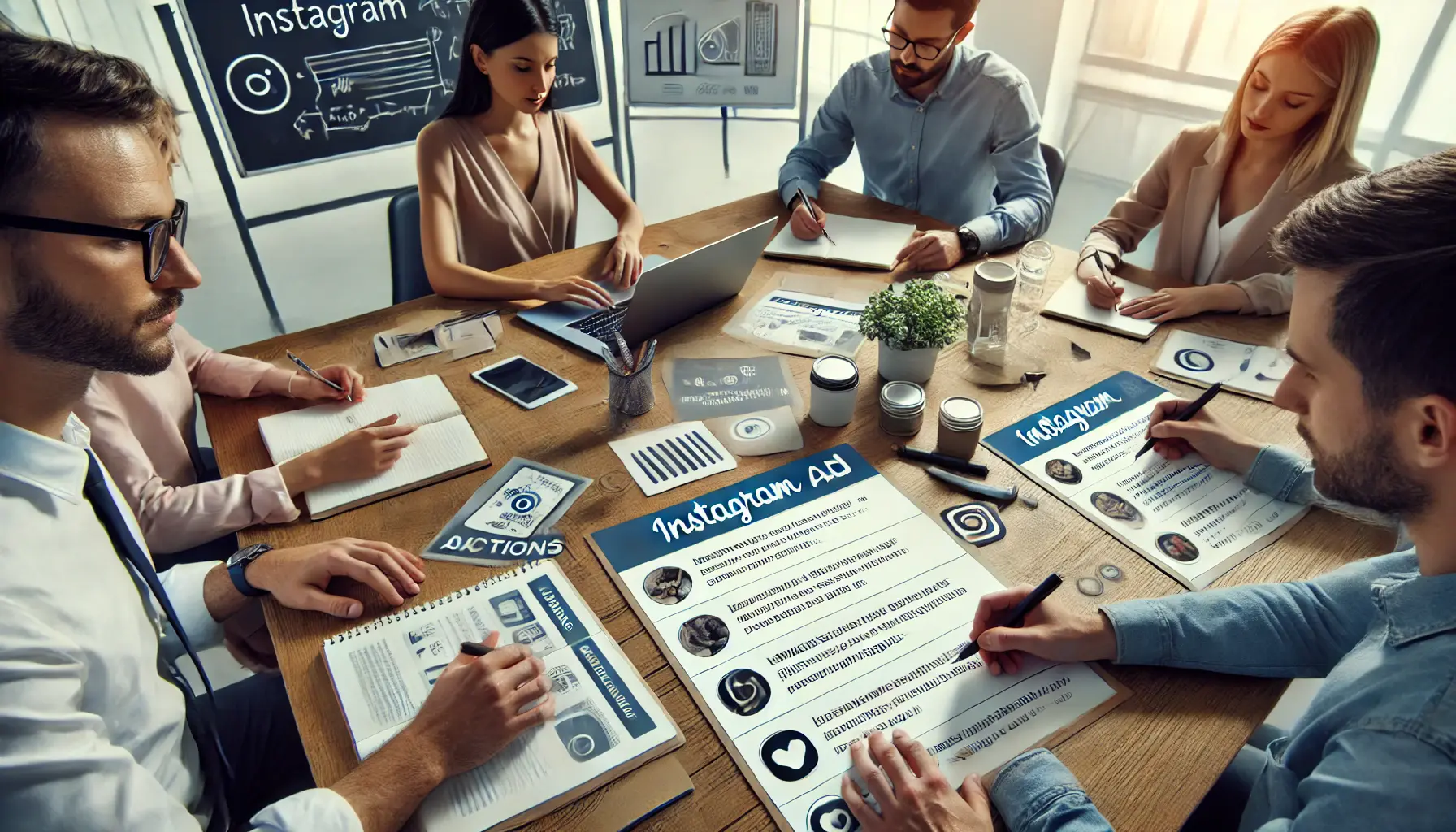 A digital marketing team discussing Instagram ad captions around a table, analyzing engagement metrics and tone, with laptops and tablets displaying ad drafts.