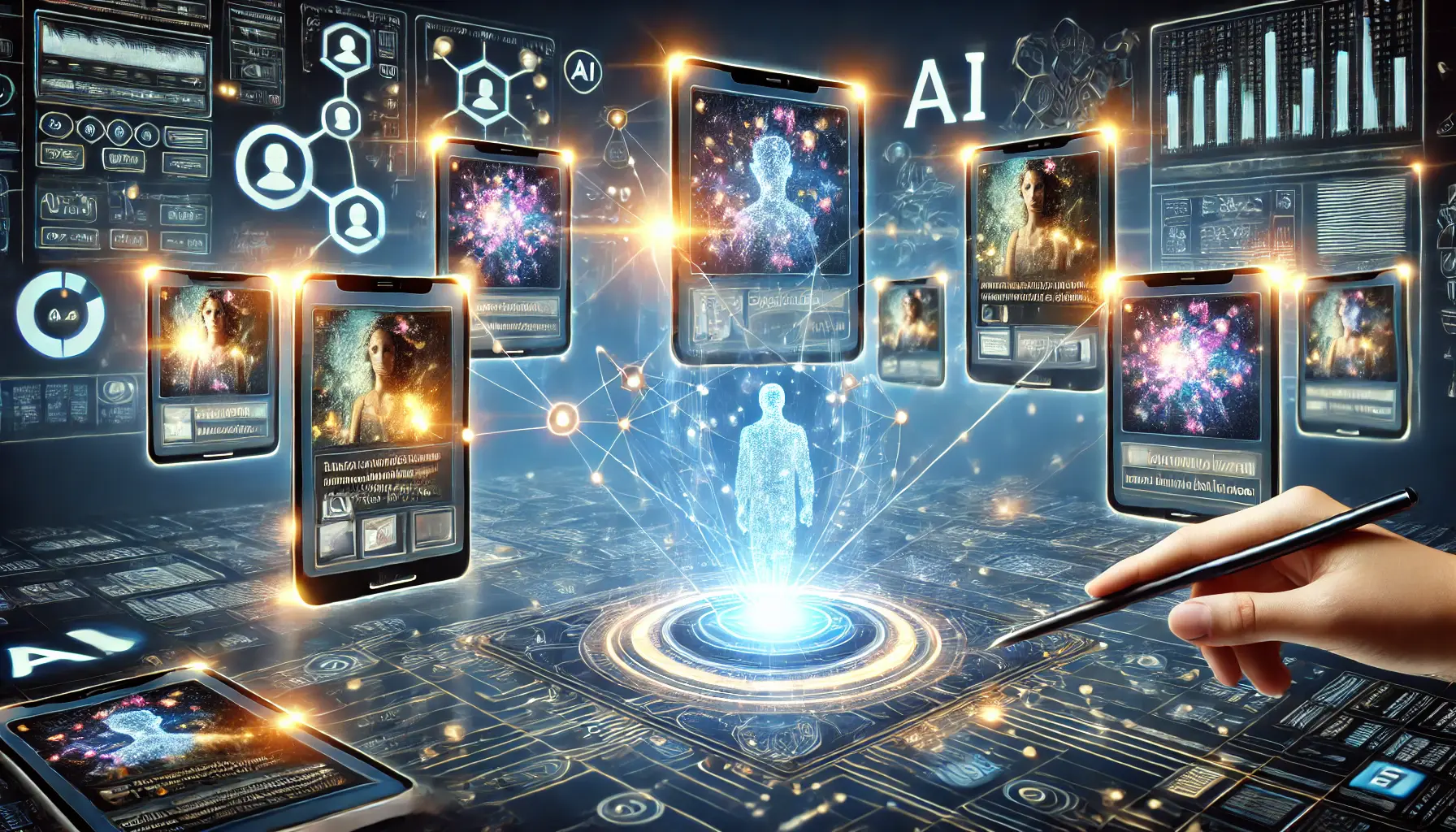 An image illustrating the crafting of personalized ad content through AI, with digital devices displaying customized ads and neural networks in the background.