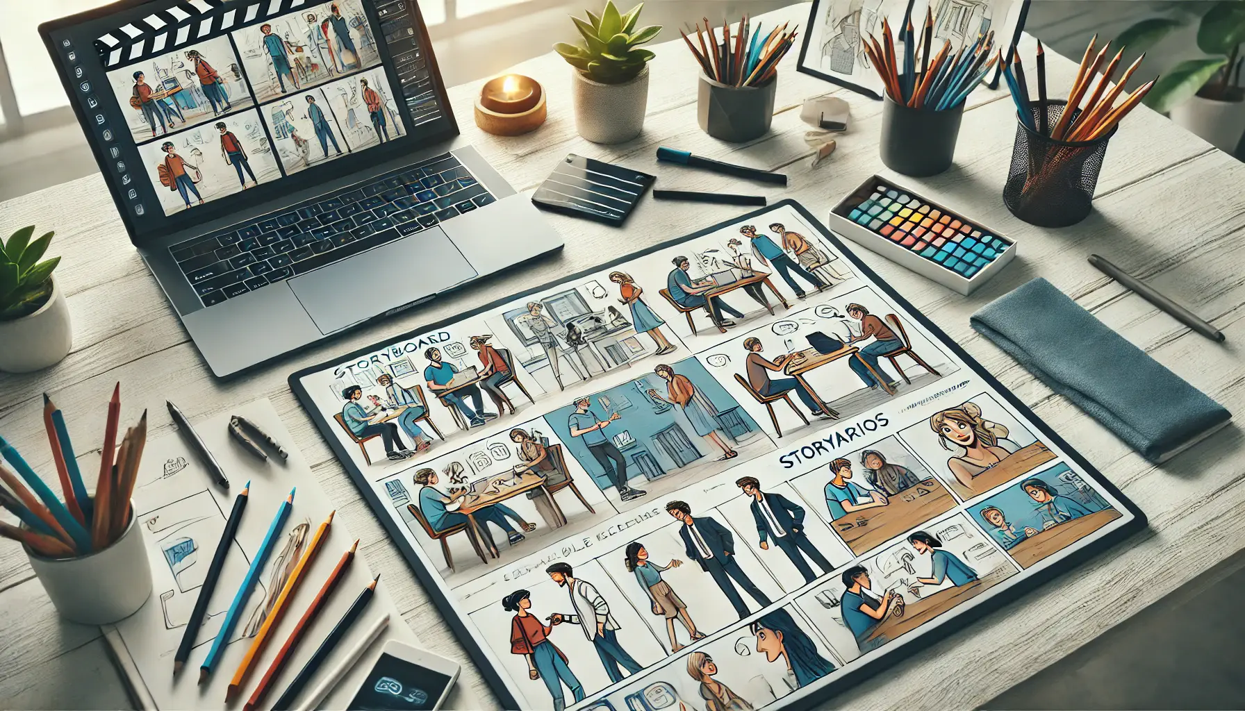 A creative workspace featuring a storyboard with sketches of characters placed in relatable everyday situations, emphasizing the importance of relatable characters and scenarios in storyboarding.