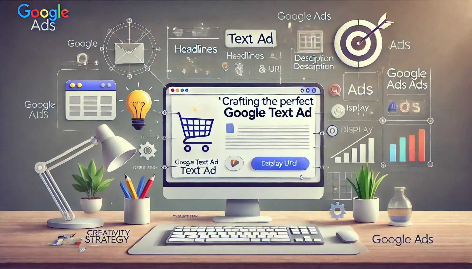 A desktop displaying a Google Ads interface with a text ad being crafted, highlighting key components like headlines, descriptions, and display URL, surrounded by creativity icons in a modern workspace.