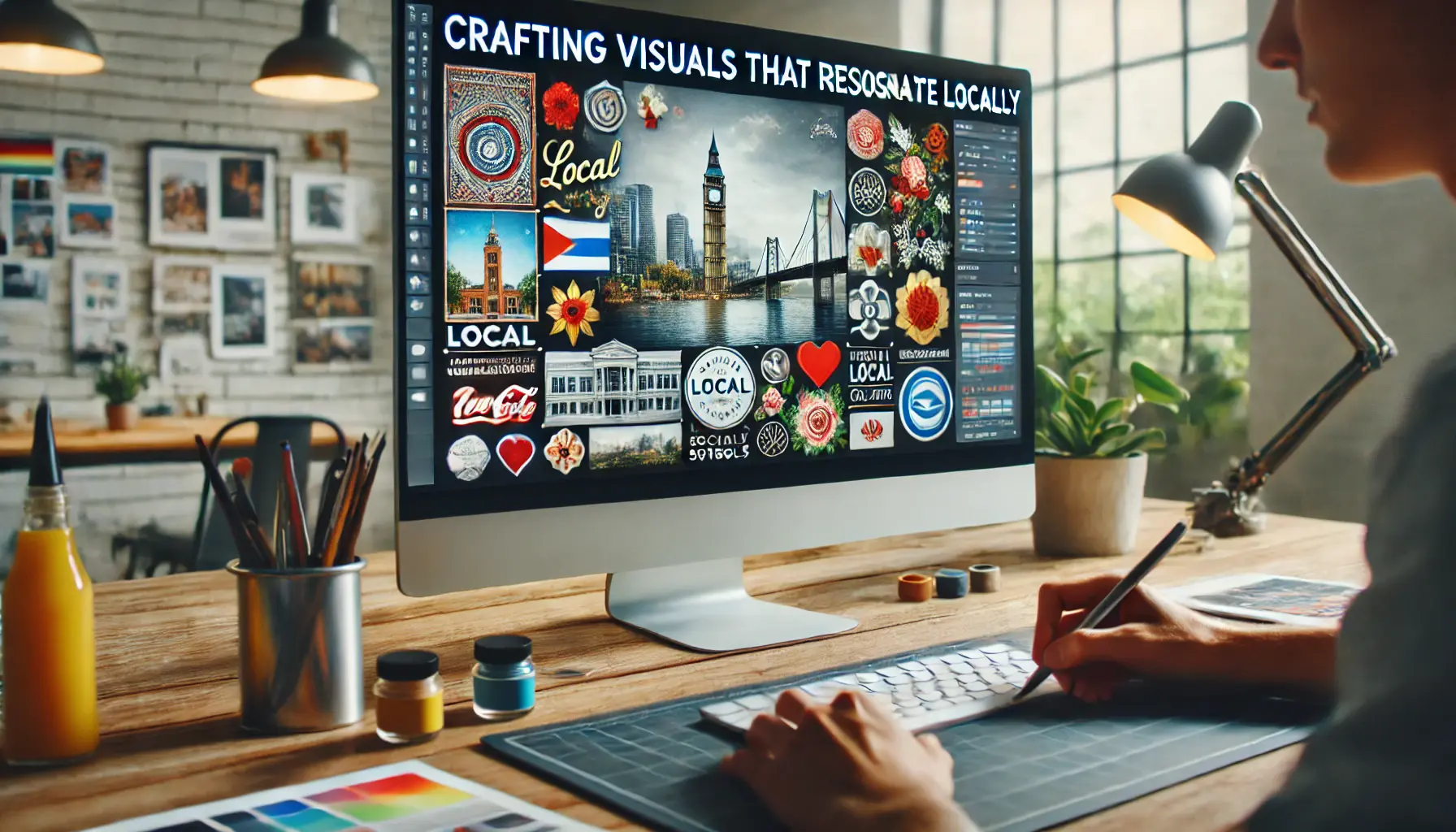 A digital designer working on a computer, editing visuals with local landmarks and cultural symbols on the screen.