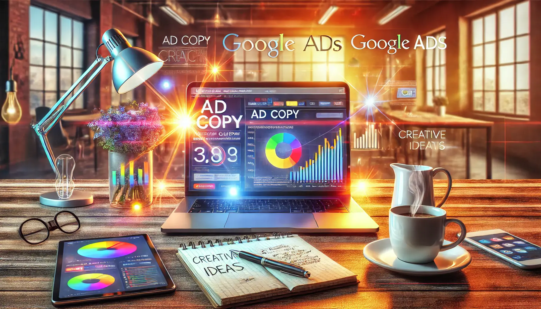 A laptop with the Google Ads interface displaying ad copy tools and performance metrics, surrounded by a tablet, notepad, and coffee cup.