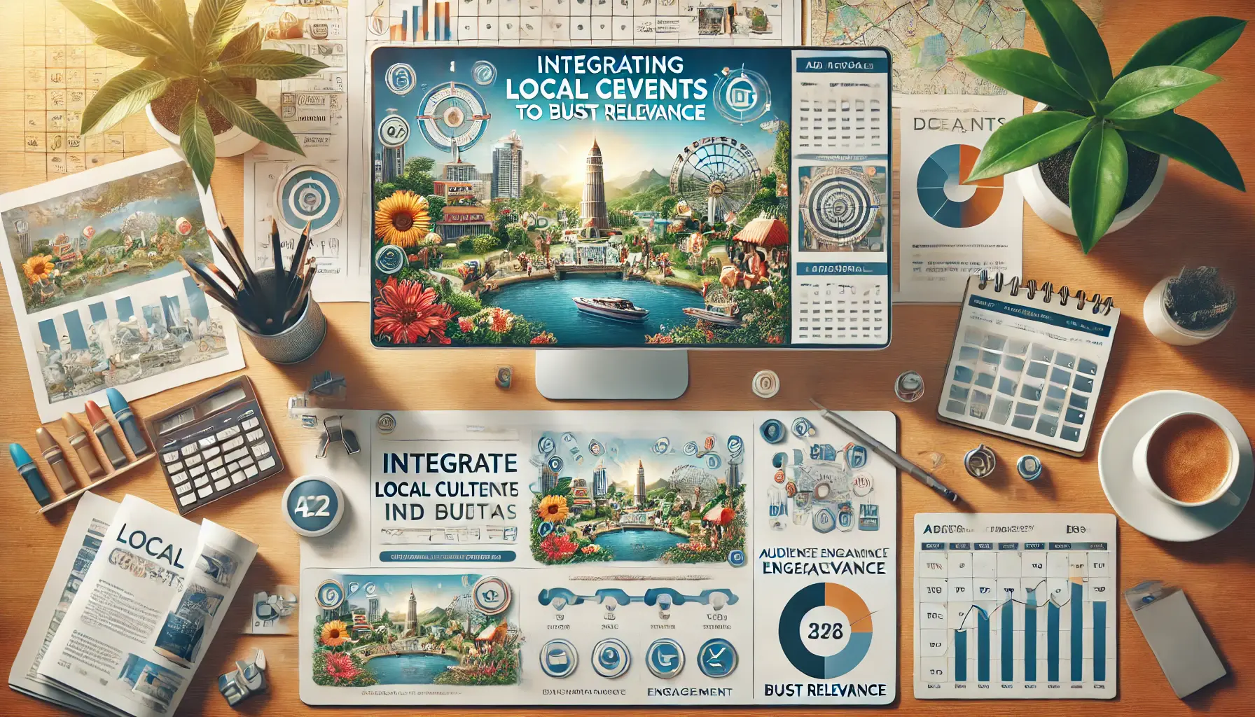 A desktop showing an ad campaign featuring local festivals, cultural landmarks, and seasonal events, with digital tools like a calendar and map.