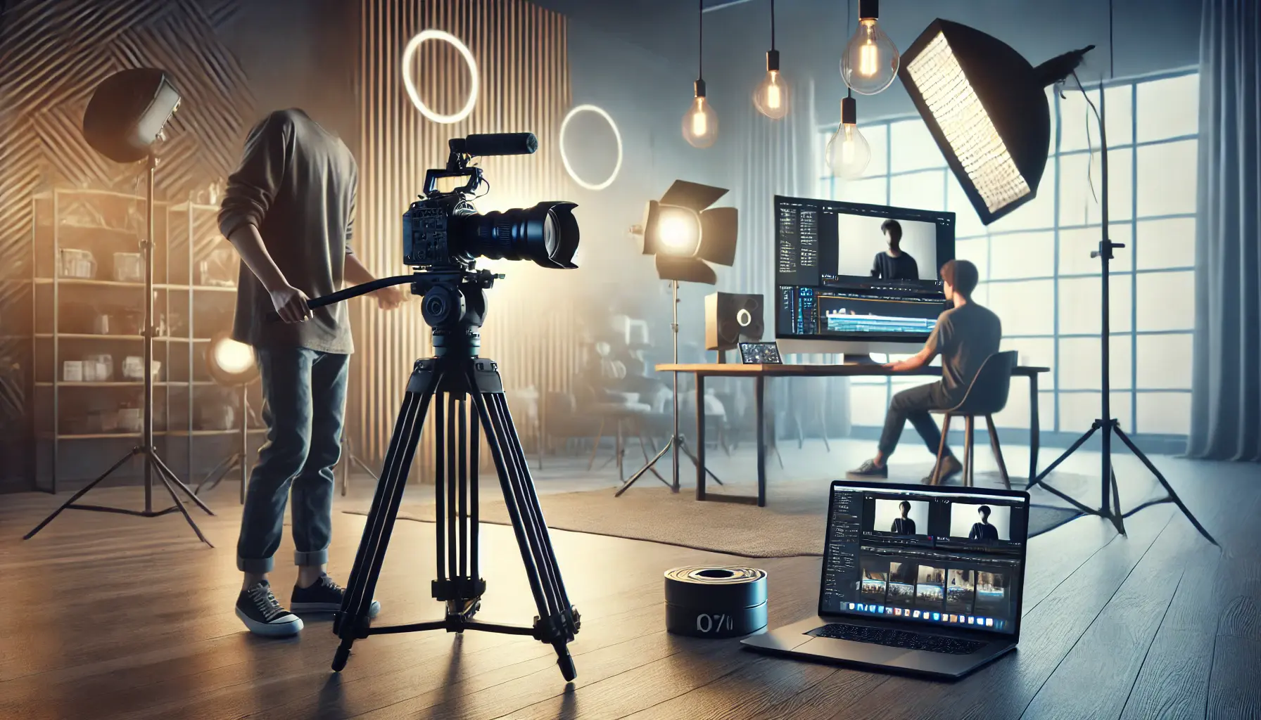 A videographer setting up a camera in a modern studio for producing high-quality brand videos.