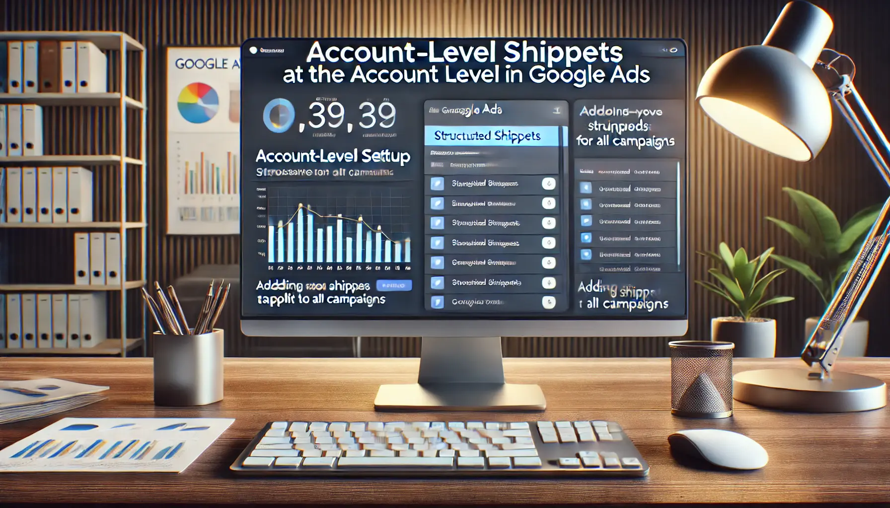 A Google Ads dashboard showcasing the setup of structured snippets at the account level in a professional digital marketing workspace.