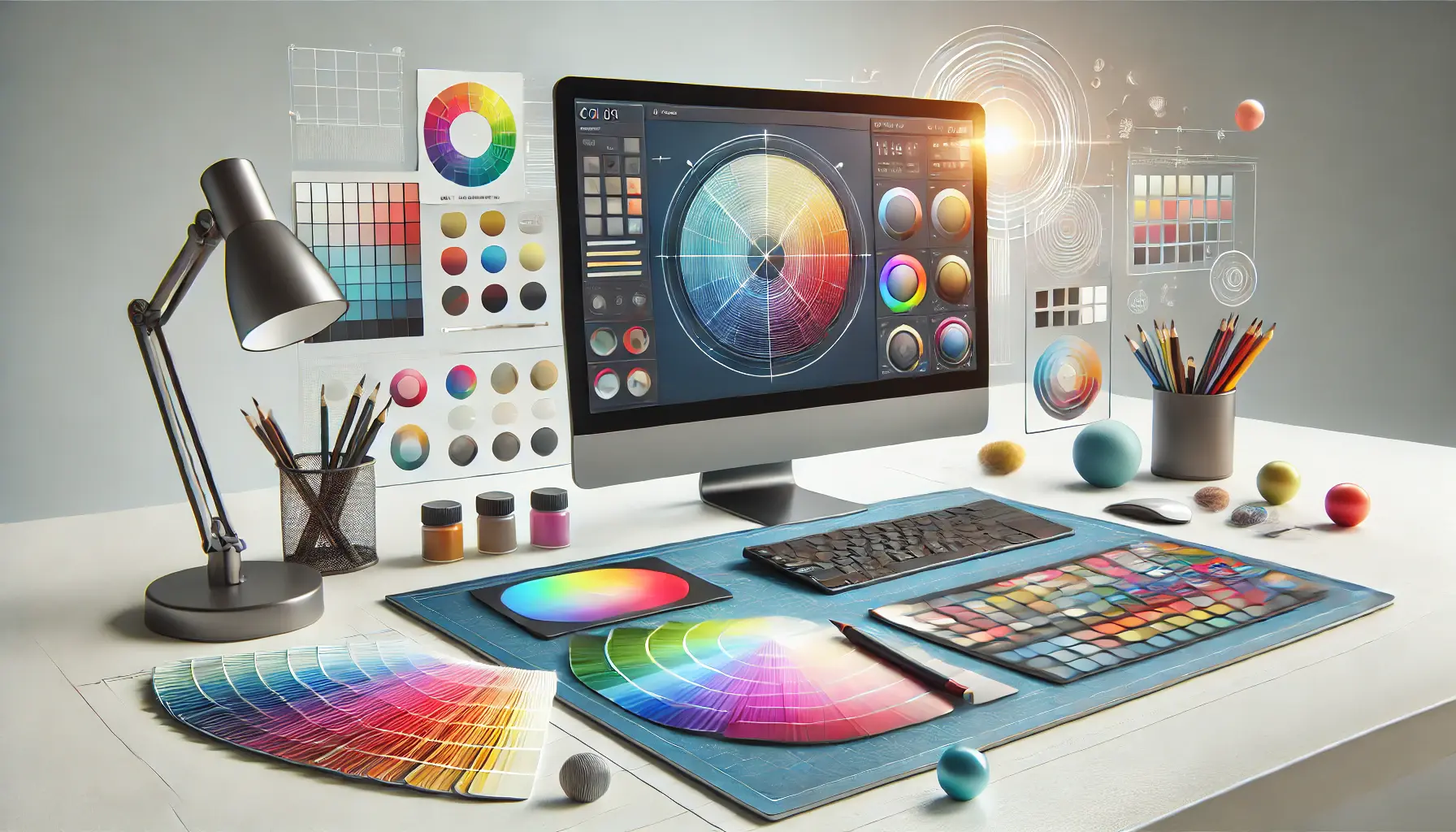 A digital workspace with a color wheel, color swatches, and a screen displaying a balanced and harmonious color palette.