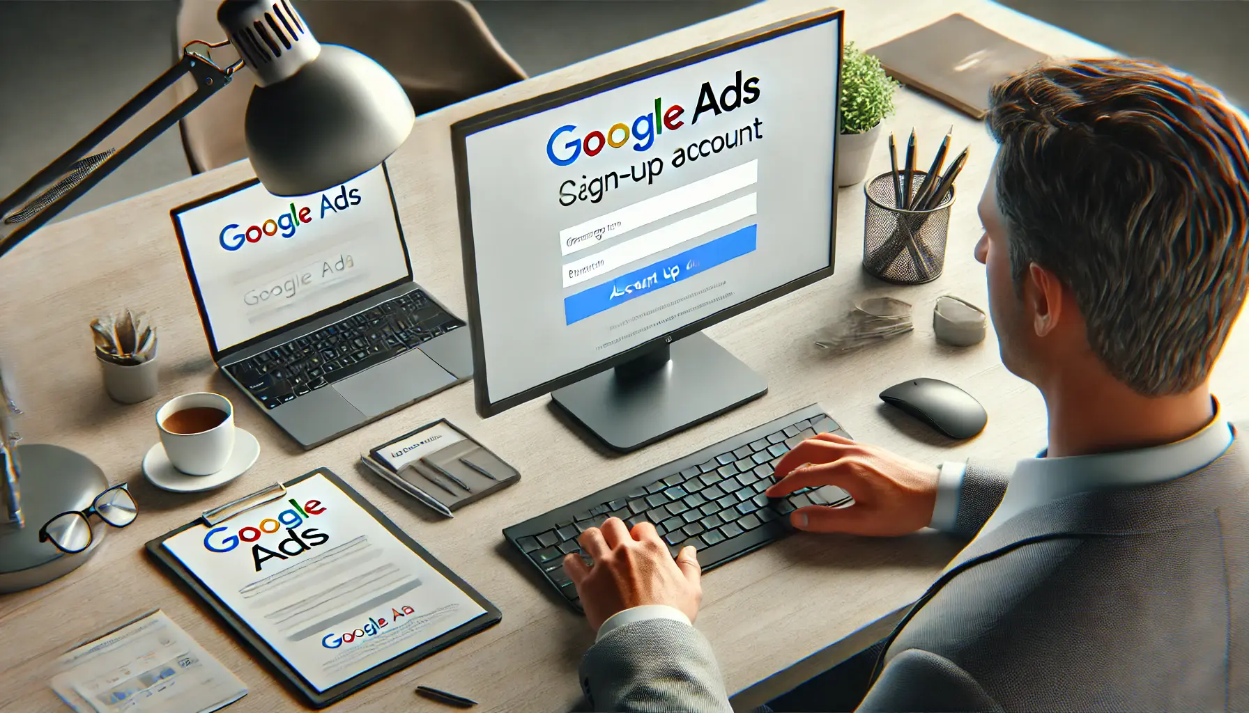 An image of a professional creating a Google Ads account on a computer, with the Google Ads sign-up page displayed.