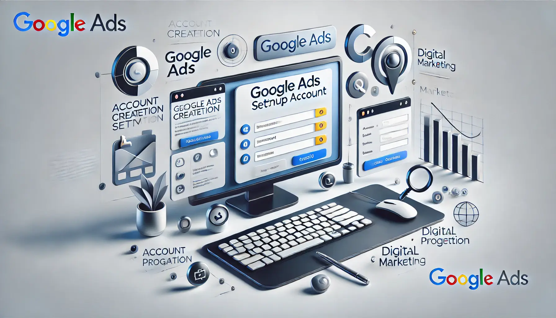 A modern workspace with a computer screen showing the Google Ads account creation interface, surrounded by icons for setup steps and digital marketing tools.