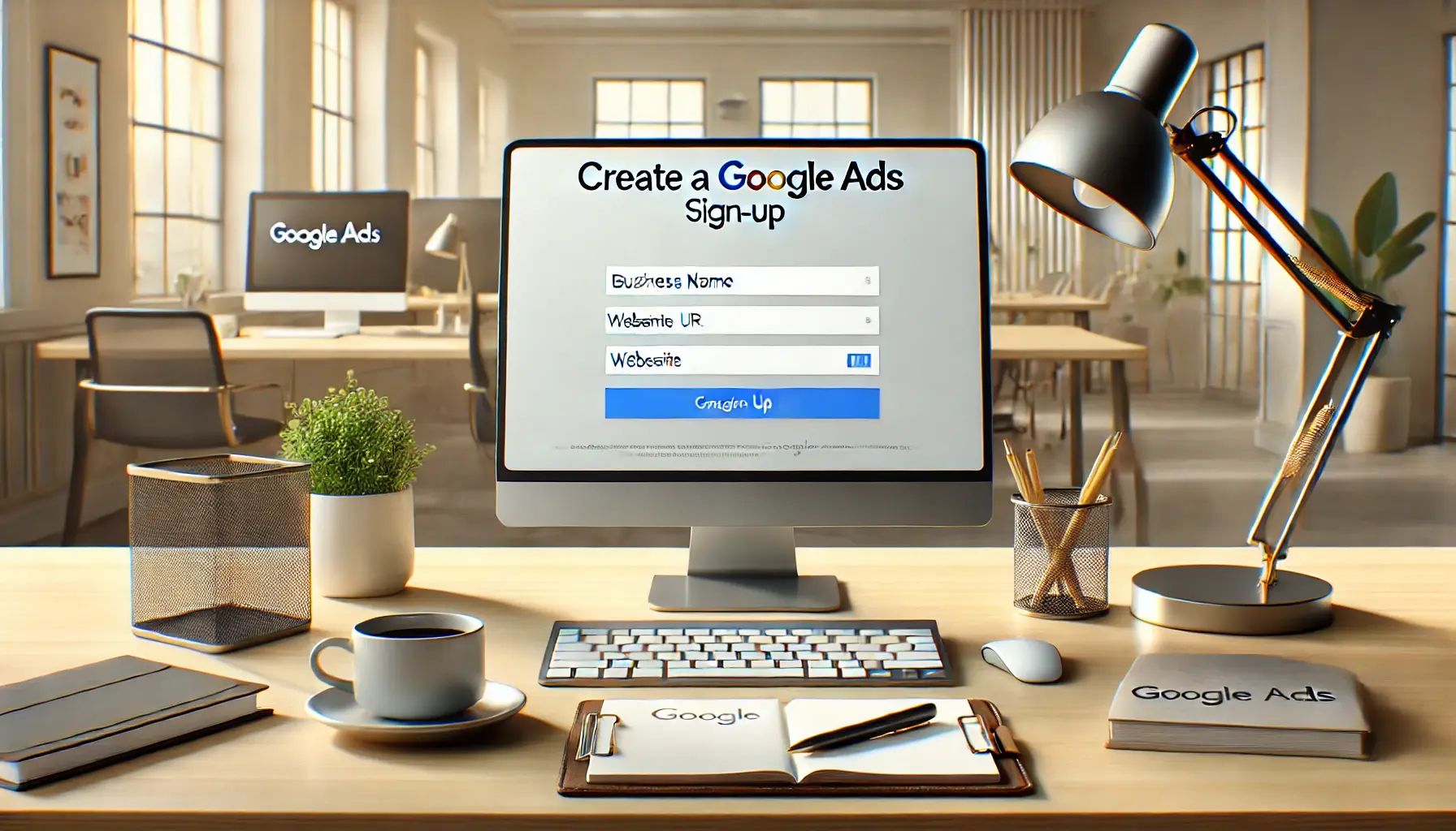 A professional desk setup showing a computer screen with the Google Ads sign-up page open, featuring fields for business name and website URL. The workspace includes a coffee cup, notepad, and pen, set in a modern and bright office environment.