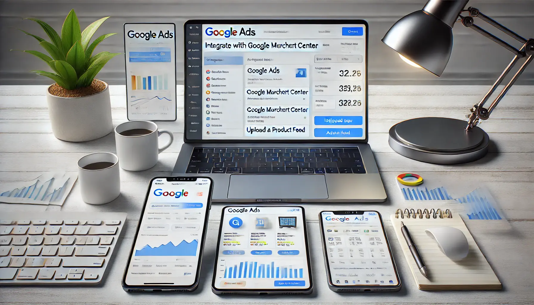 A laptop displaying the Google Ads account creation page with business information and billing setup fields, surrounded by a notepad, smartphone, and coffee mug in a minimalistic workspace.