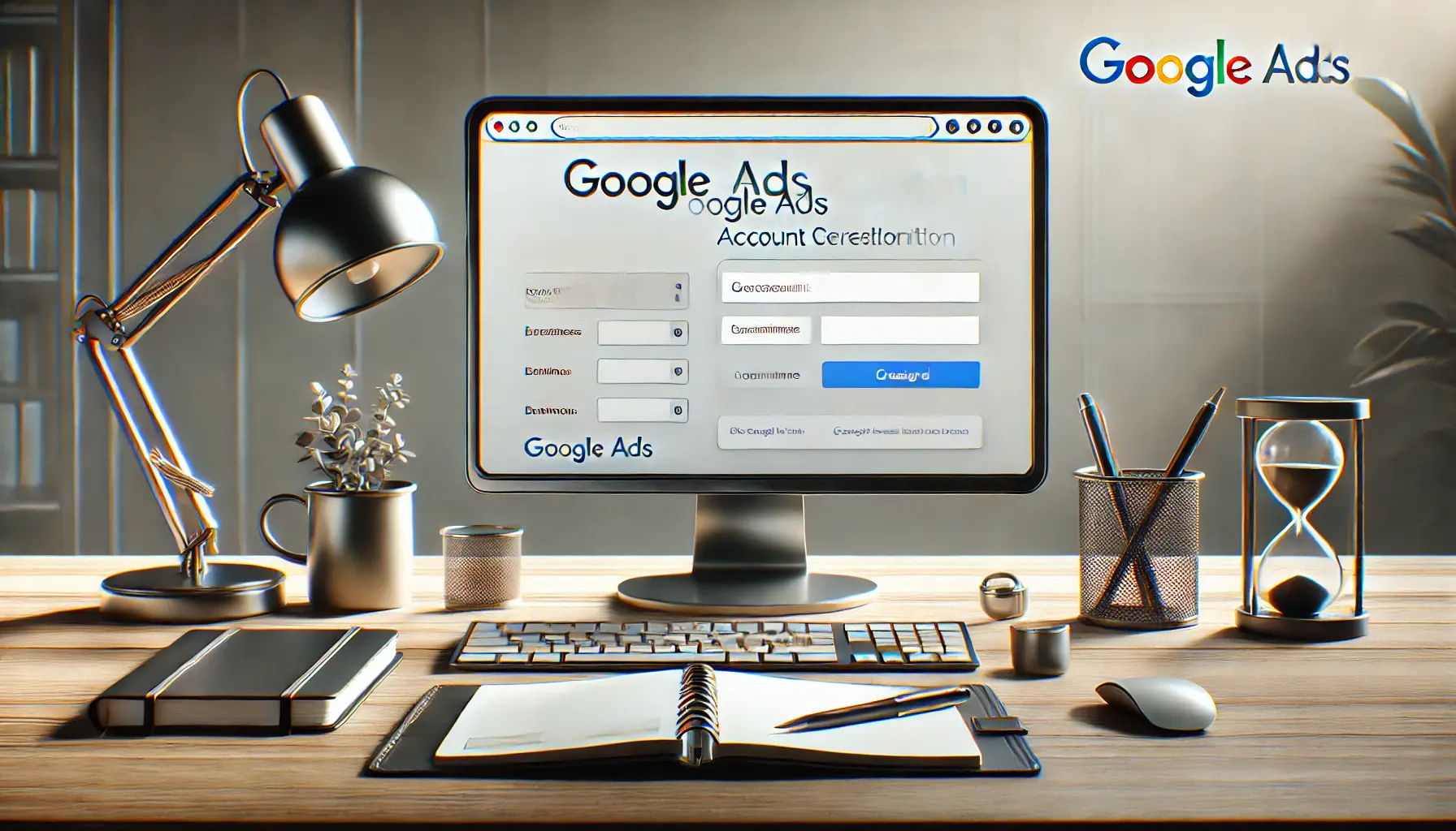 A modern workspace with a computer screen displaying the Google Ads account creation page, showing business information fields.