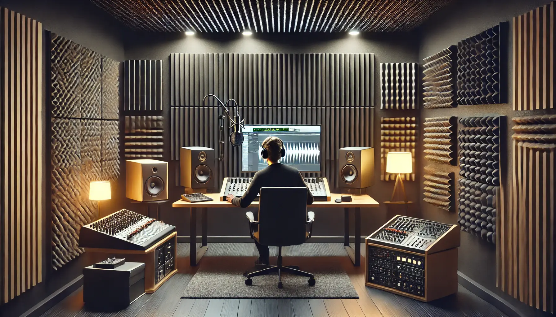 A professional voiceover studio with soundproofing materials like foam panels, acoustic treatments, and a tidy desk with a microphone, headphones, and audio interface.