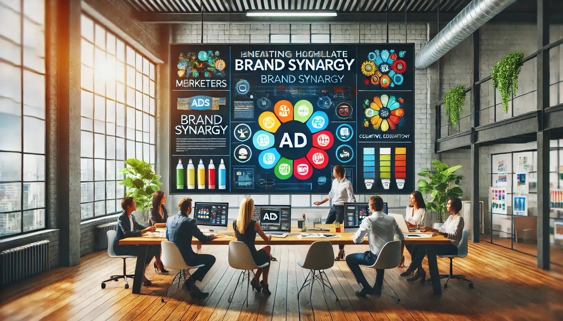 Marketers and designers collaborating on a digital screen displaying ad concepts with complementary branding elements.