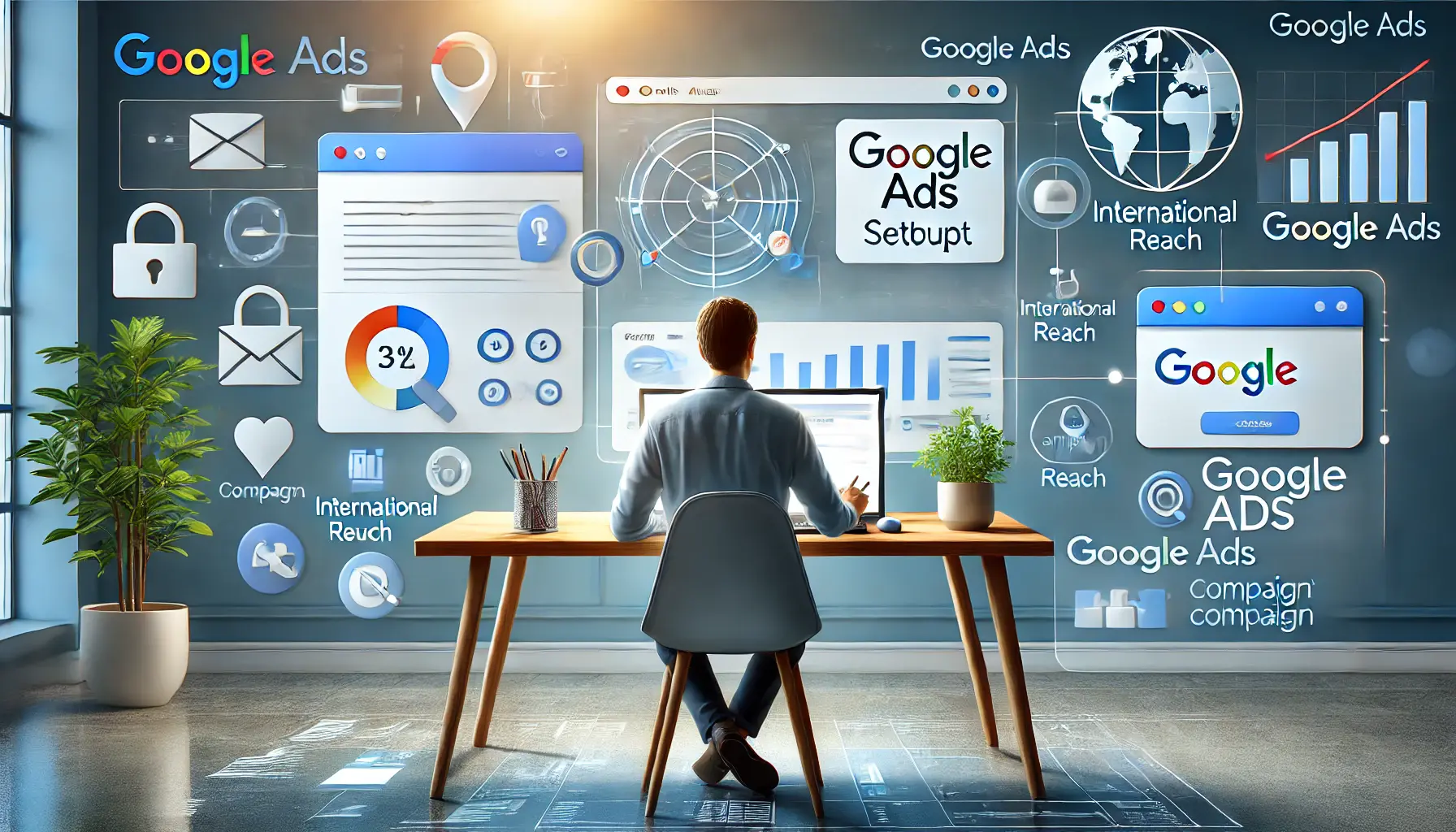 A person configuring a Google Ads account on a laptop, surrounded by a checklist, globe, and campaign icons in a modern workspace.