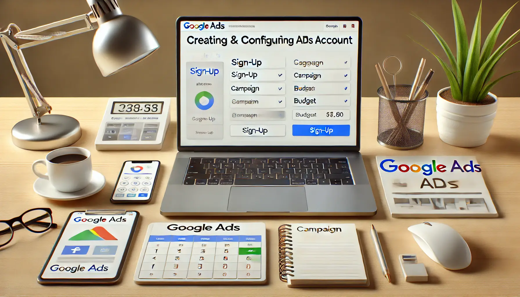 A modern workspace with a laptop displaying the Google Ads interface for creating and configuring an account, including campaign and budget setup.