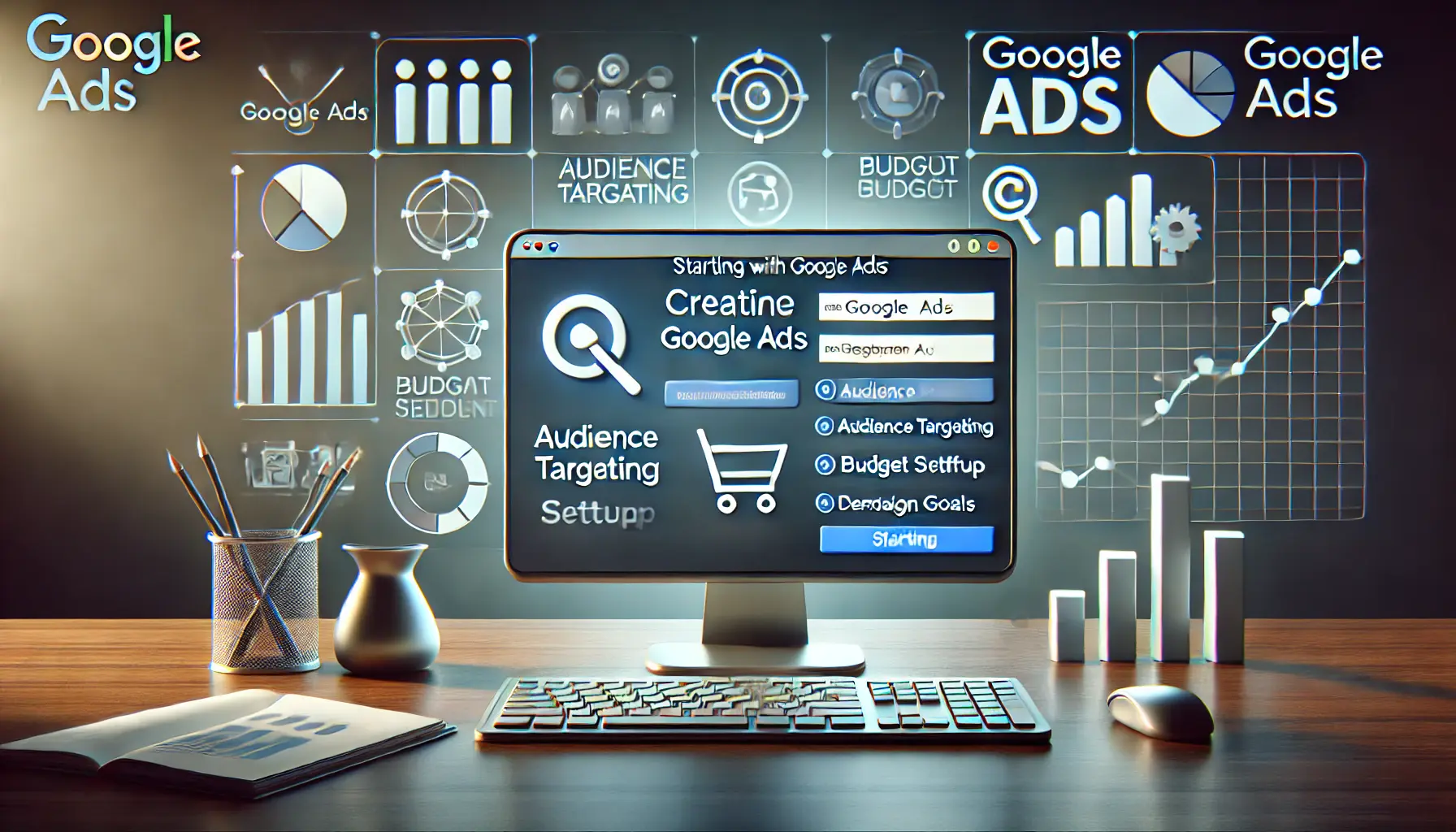 An image showing the Google Ads account creation process with options for audience targeting, budget setup, and campaign goals.